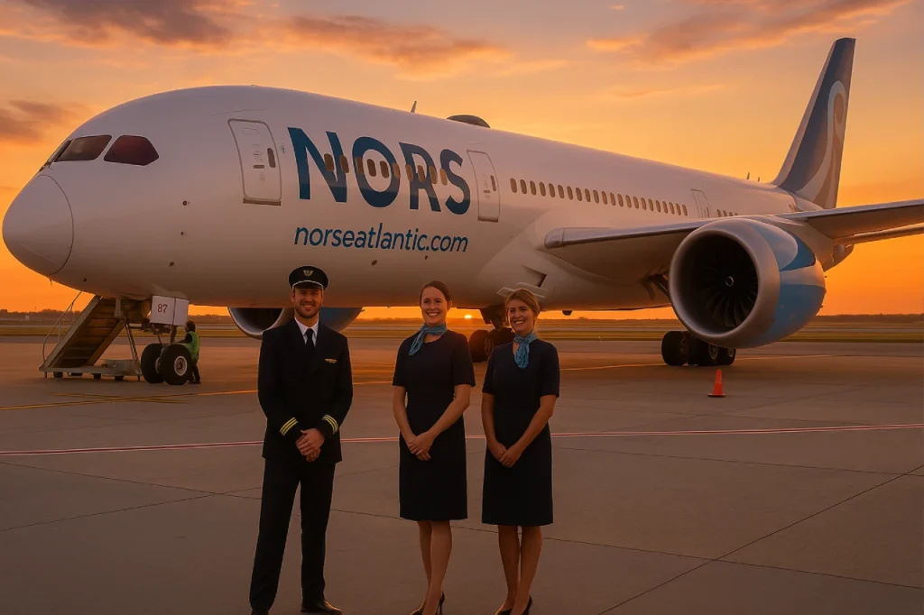 Norse Atlantic Airways aircraft with crew during sunset scene.