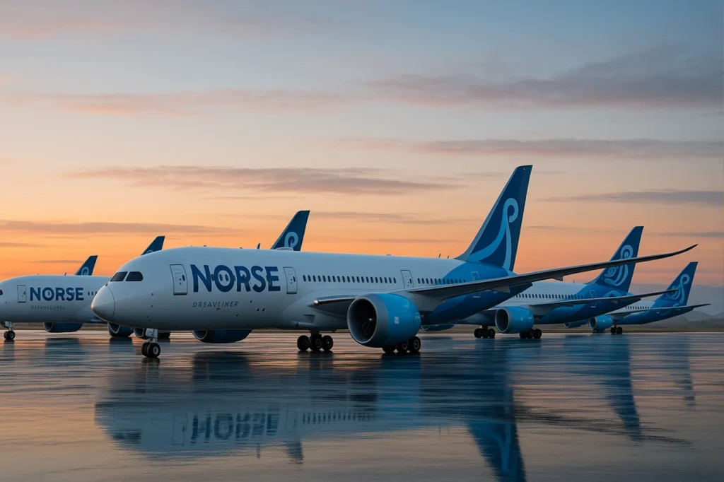 Norse Atlantic Airways airplane flying safely under clear blue sky